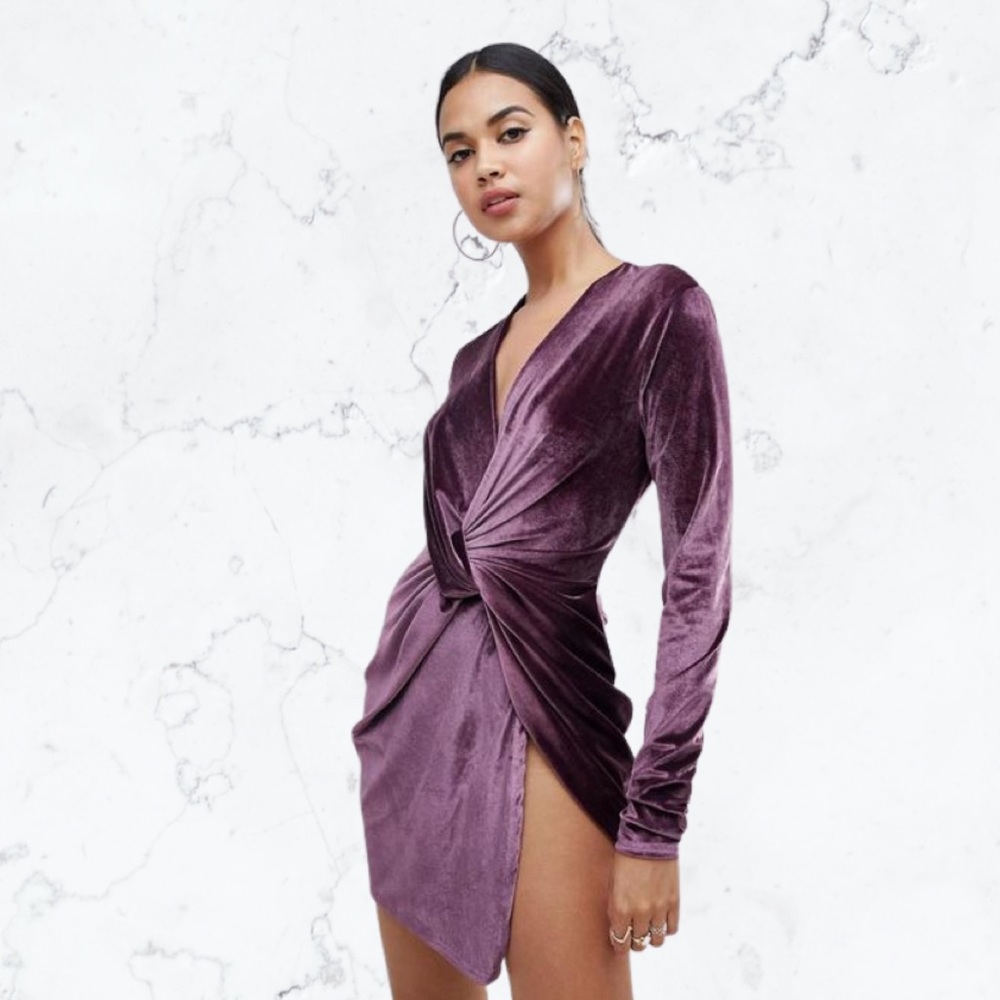 Club L London Purple Velvet Twist-Front Mini Dress